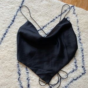 princess polly drape neck, open back, tie silk top